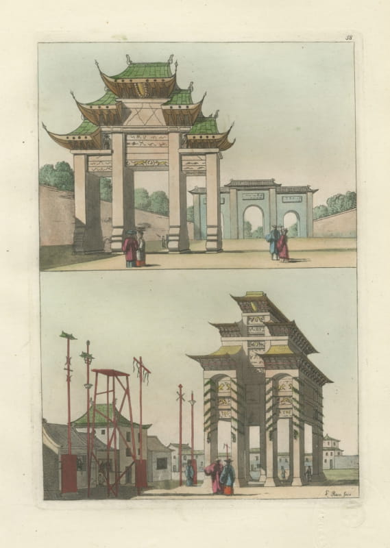Decorative Antique Print of Two Chinese Honorific Gateways, Ferrario, 1815