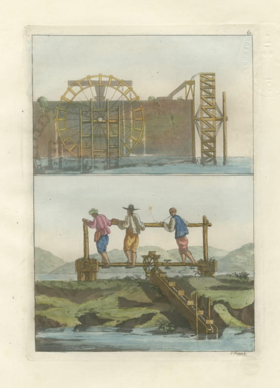 Antique Print of Chinese Water Raising Machines and Irrigation, 1815