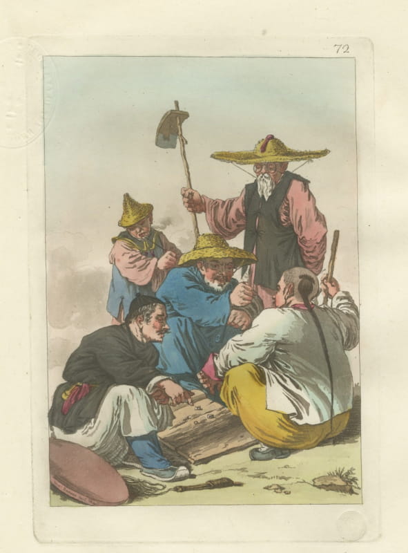 Original Antique Chinese Peasants Gambling and Playing Dice, Ferrario, 1815