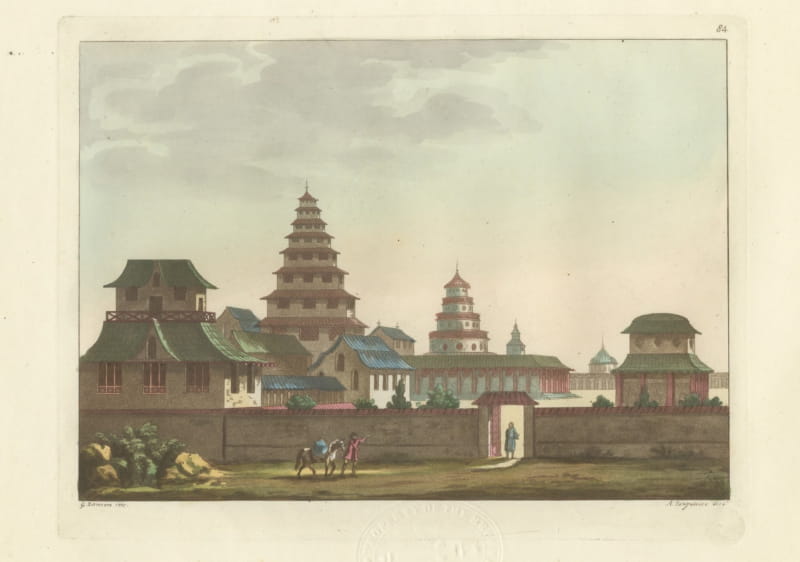 Antique View of a Chinese Temple Complex and Pagoda by Sanquirico, 1815
