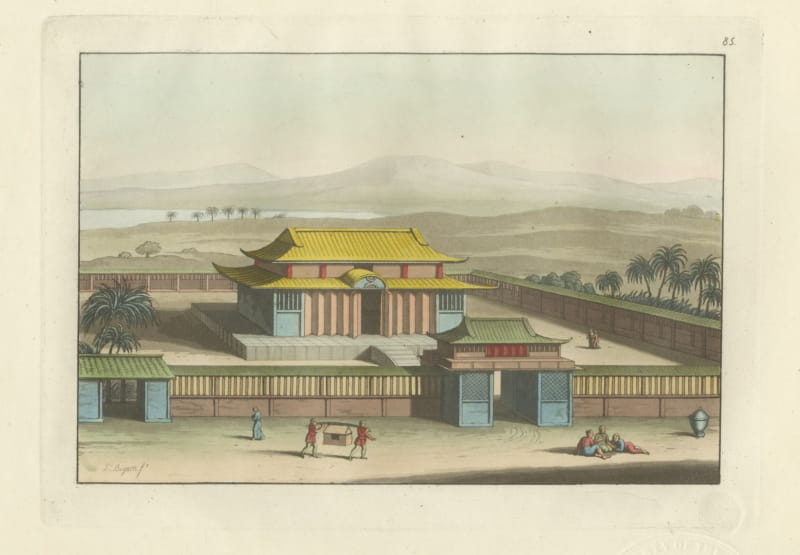 Antique View of a Chinese Hall with a Yellow Tiled Roof, Ferrario, 1815