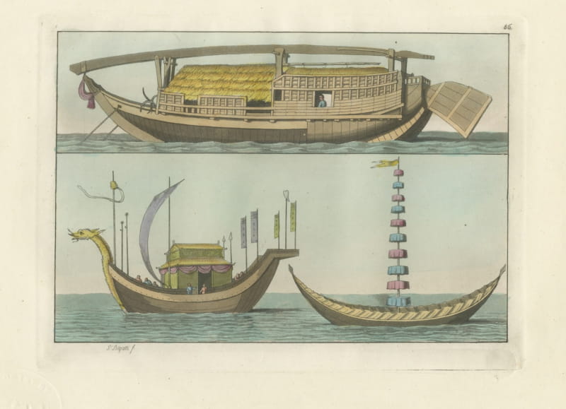Antique Print of a Chinese Junk and a Dragon Prowed Ceremonial Barge, 1815