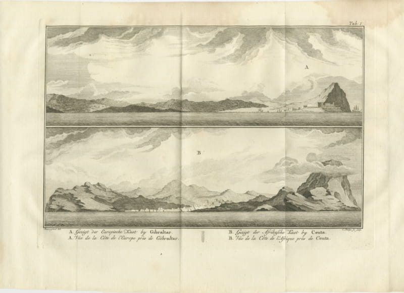 Coastal Views at Gibraltar and Ceuta, Antique Niebuhr Engraving, 1776