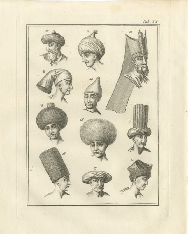 Eleven Numbered Turbans and Caps, Antique Niebuhr Plate XX, 1776