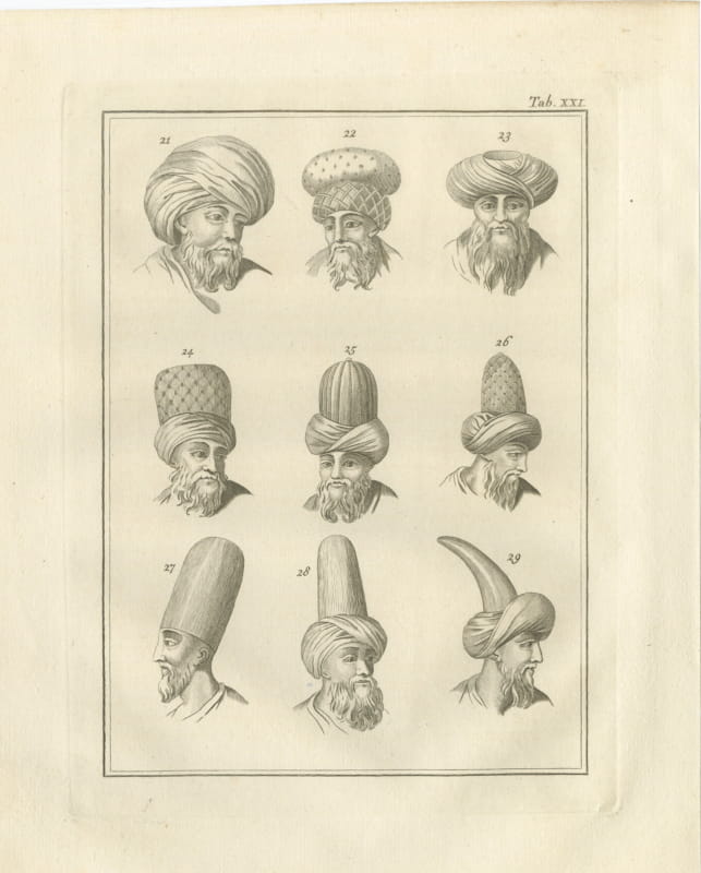 Numbered Study of Eastern Turbans and Caps, Antique Print, 1776