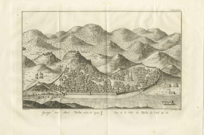Antique View of Taiz from the North, Niebuhr Copper Engraving, 1776