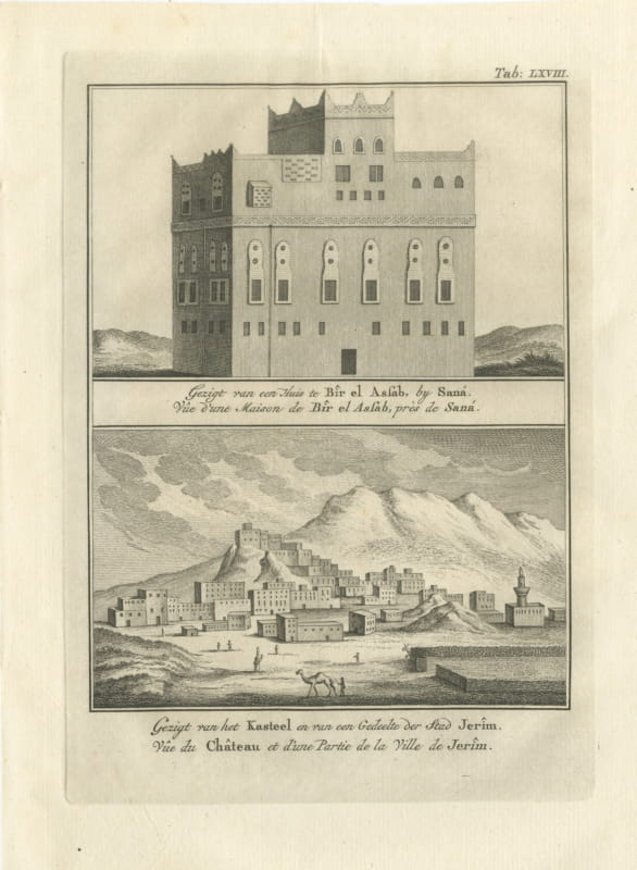 A House at Bir el Assab and the Castle of Jerim, Antique Niebuhr Print, 1776