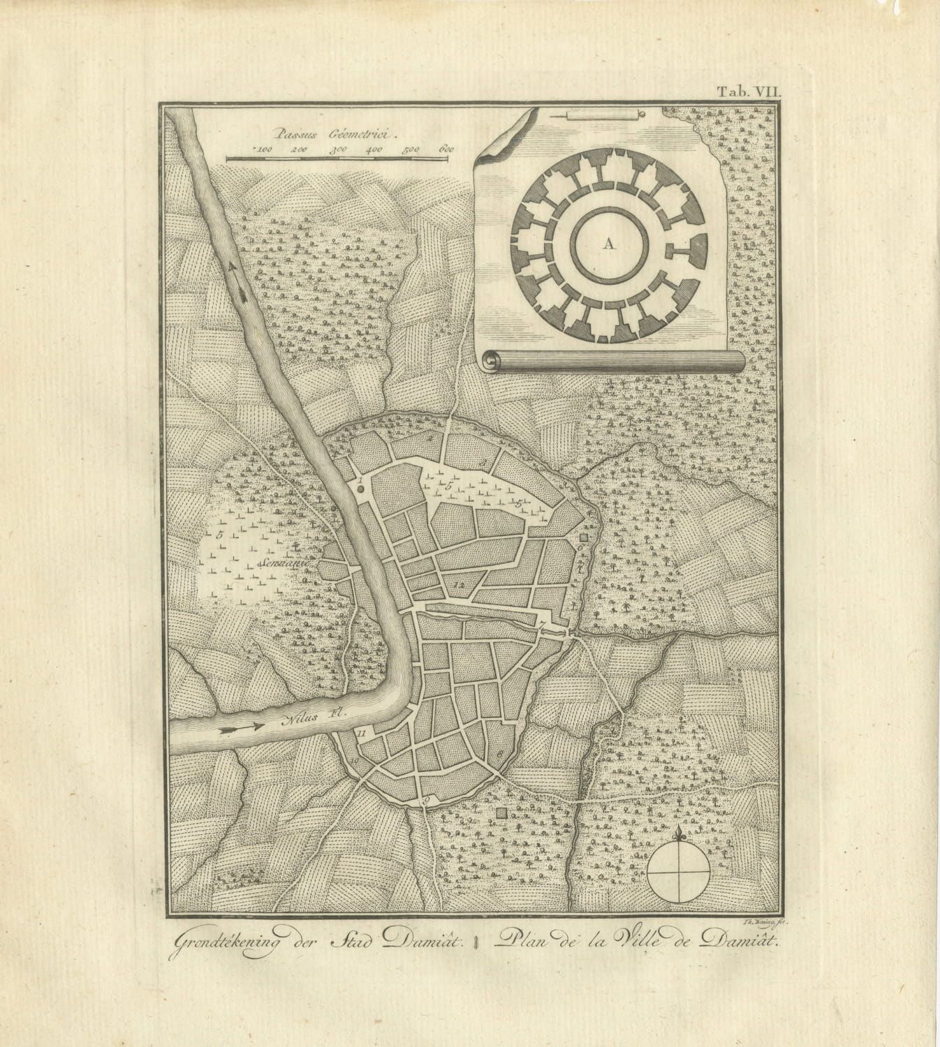 Antique Plan of the City of Damietta on the Nile, Niebuhr, 1776
