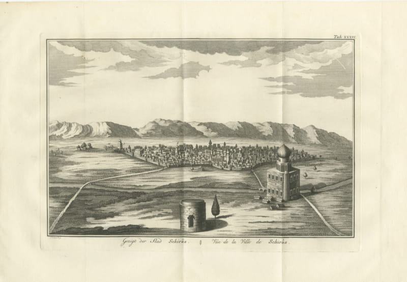 Antique View of the City of Shiraz, Niebuhr Copper Engraving, 1780