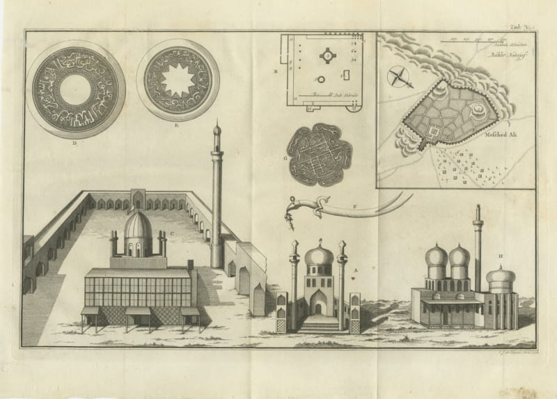 Shrine Buildings, Medallions and Plan of Mesched Ali, Niebuhr Print, 1780