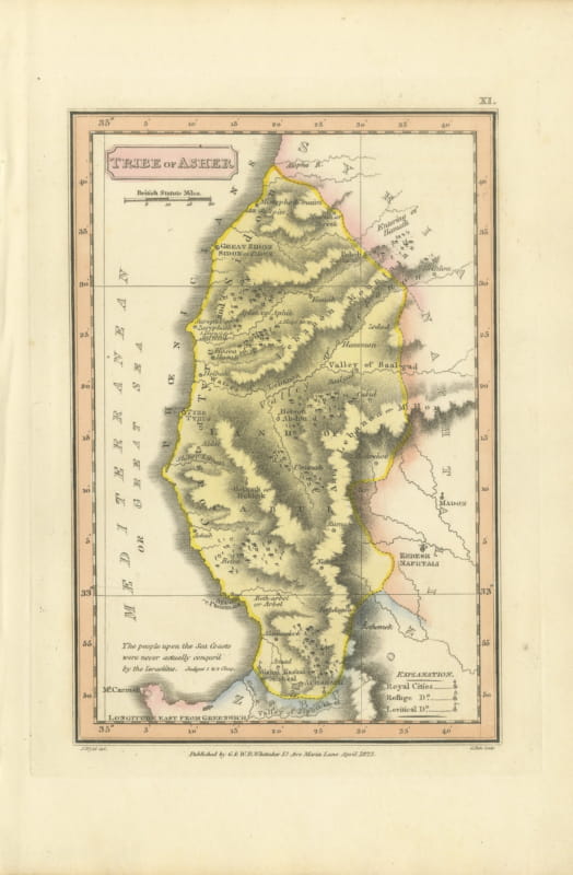 Hand-Colored Antique Map of the Tribe of Asher, Wyld, 1823