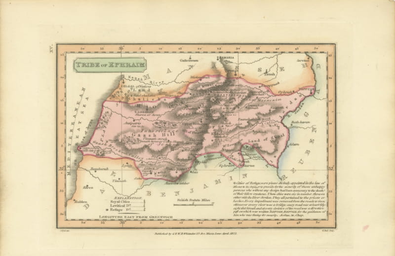 Antique Scripture Map of the Tribe of Ephraim, Hand-Colored, 1823