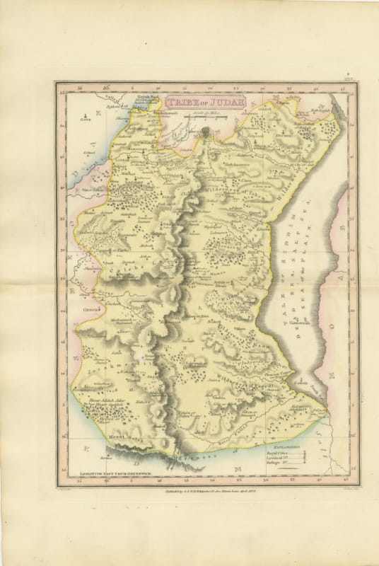 Antique Hand-Colored Map of the Tribe of Judah and the Dead Sea, 1823