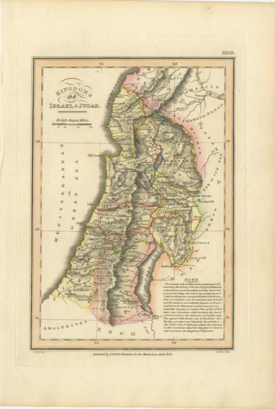 Antique Map of the Kingdoms of Israel and Judah, Hand-Colored, 1823