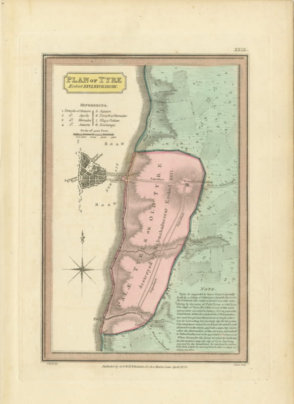 Plan of Ancient Tyre from the Book of Ezekiel, Antique Map, 1823