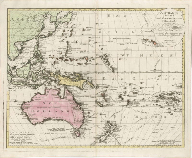 Antique Map of Australia and Polynesia with Cook's Voyages, Walch, 1802