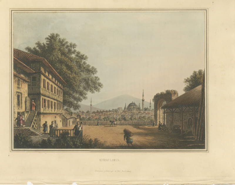 Kirkclisia in Thrace, Antique Hand Colored Aquatint by Mayer, 1809