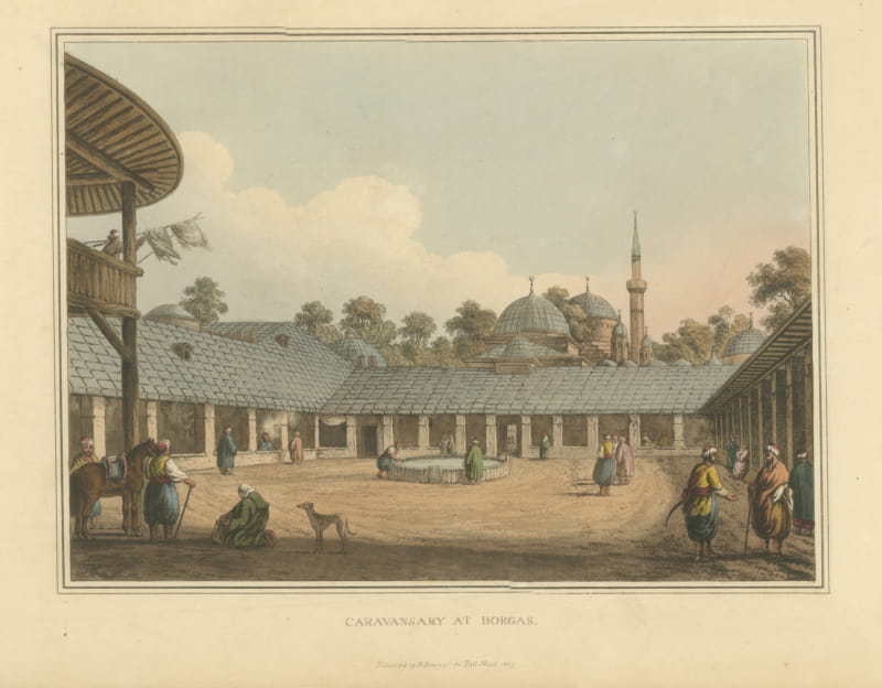 Caravansary at Borgas, Ottoman Travelers' Inn, Antique Aquatint, 1809
