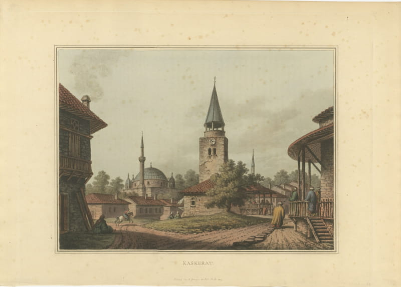 Kaskerat with Clock Tower and Mosque, Antique Aquatint by Mayer, 1809