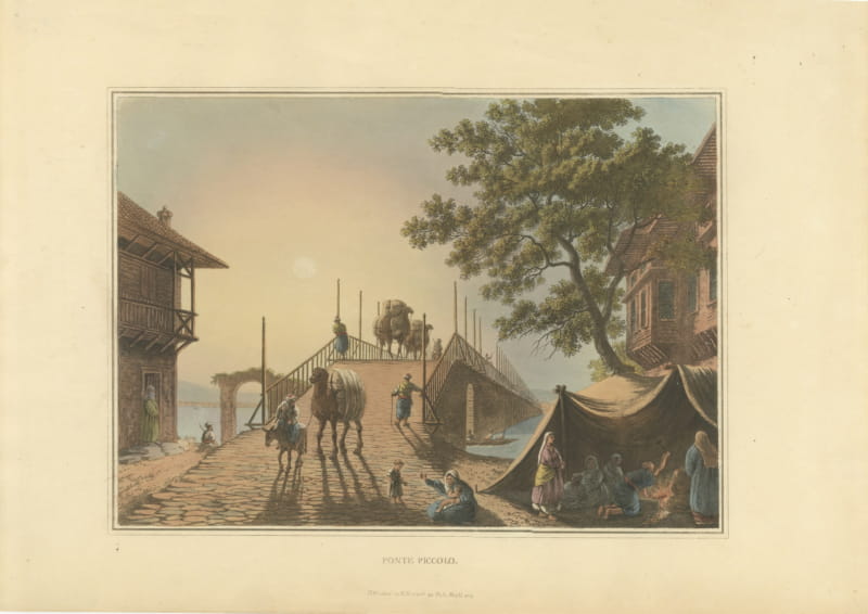 Ponte Piccolo with Camel Train, Antique Hand Colored Aquatint, 1809