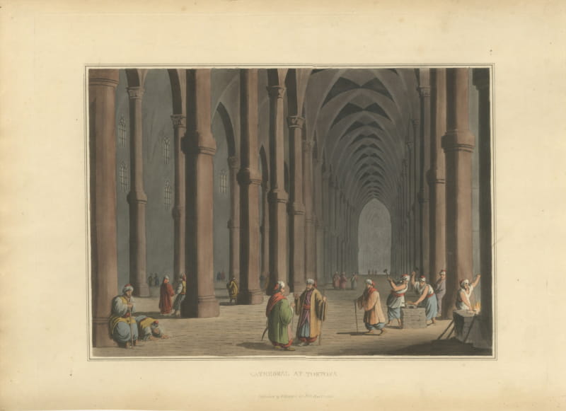 Cathedral at Tortosa, Gothic Interior in Syria, Antique Aquatint, 1810