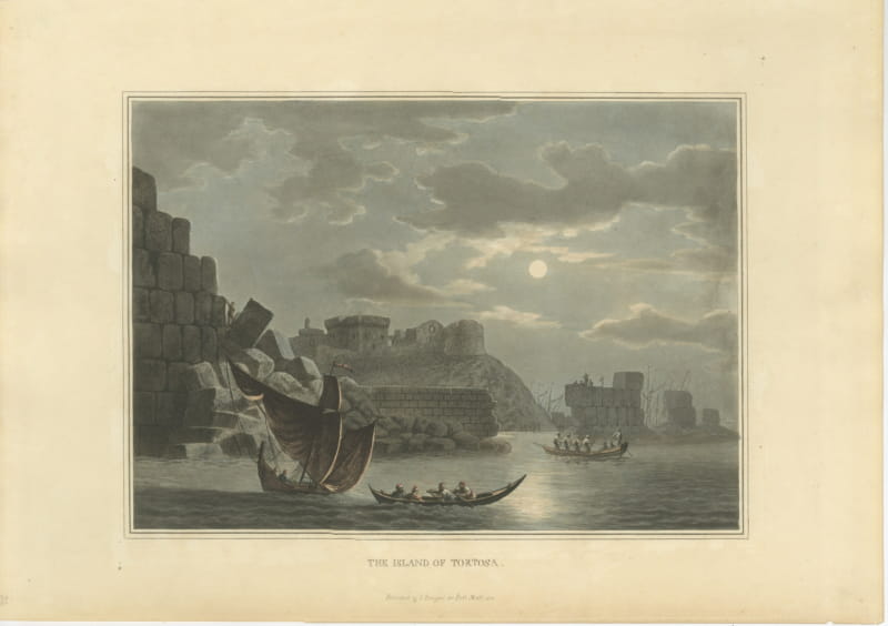 Moonlit Island of Tortosa, Syria, Antique Hand Colored Aquatint, 1810