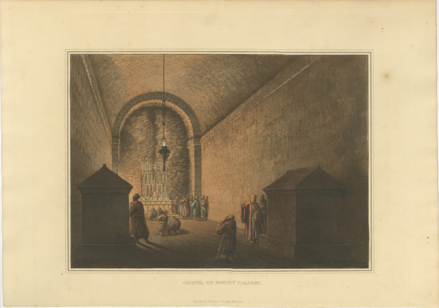 Chapel of Mount Calvary, Jerusalem, Antique Aquatint by Mayer, 1810