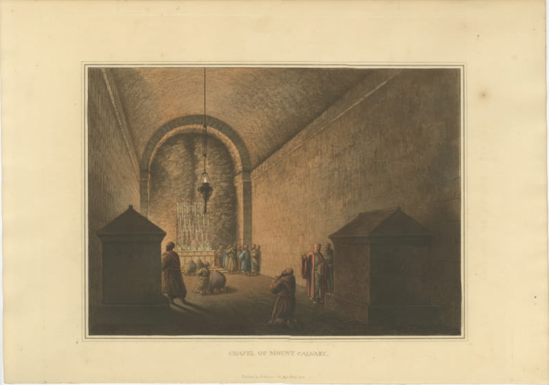 Chapel of Mount Calvary, Jerusalem, Antique Aquatint by Mayer, 1810