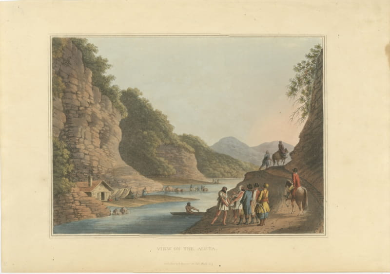 View on the Aluta River, Wallachia, Antique Aquatint by Mayer, 1809
