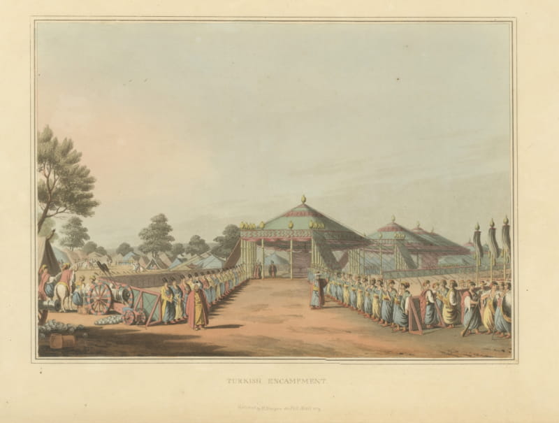 Turkish Encampment with Ceremonial Pavilions, Antique Aquatint, 1809