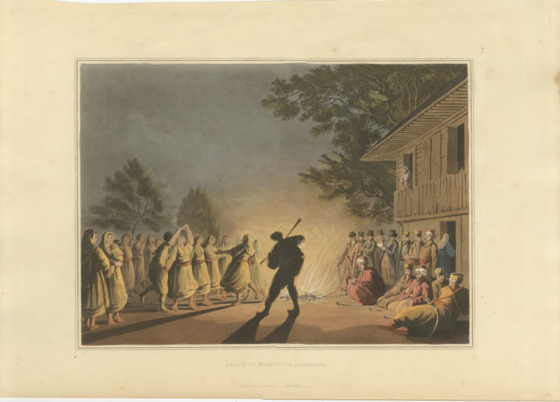 Dance of Bulgarian Peasants by Firelight, Antique Aquatint, 1809