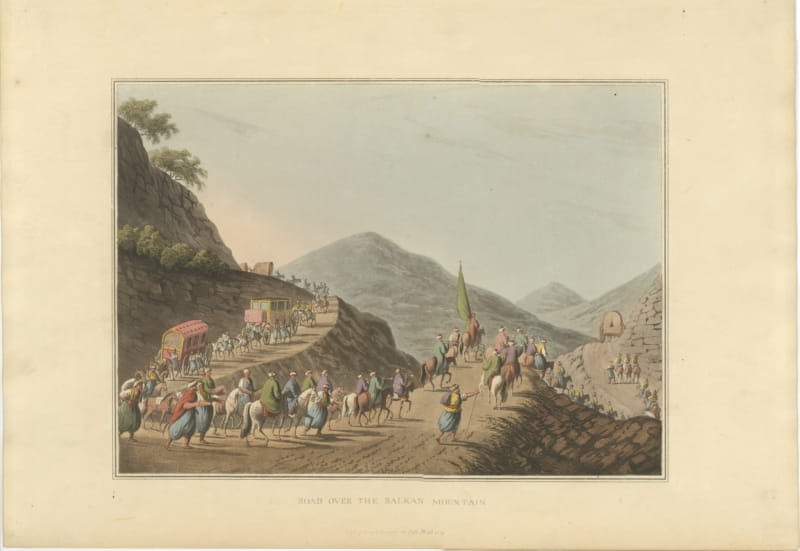 Road over the Balkan Mountain with Caravan, Antique Aquatint, 1809