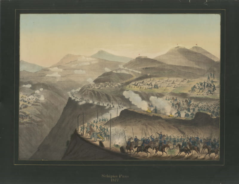Shipka Pass in the Russo-Turkish War, Hand Colored Lithograph, circa 1877