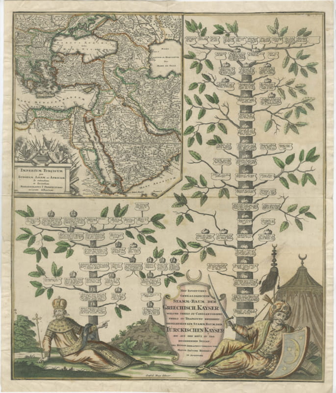 Greek and Turkish Emperors Family Tree with Map, Seutter, circa 1720