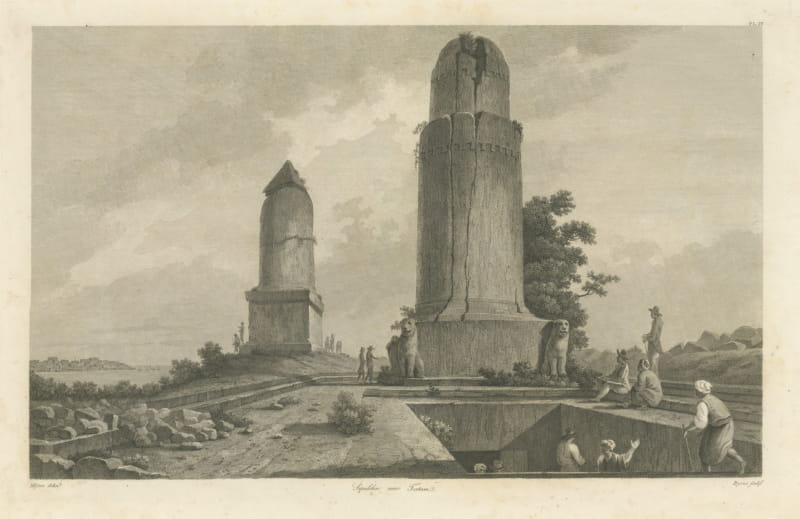 Sepulcher near Tortosa, Tower Tombs in Syria, Antique Engraving, 1797