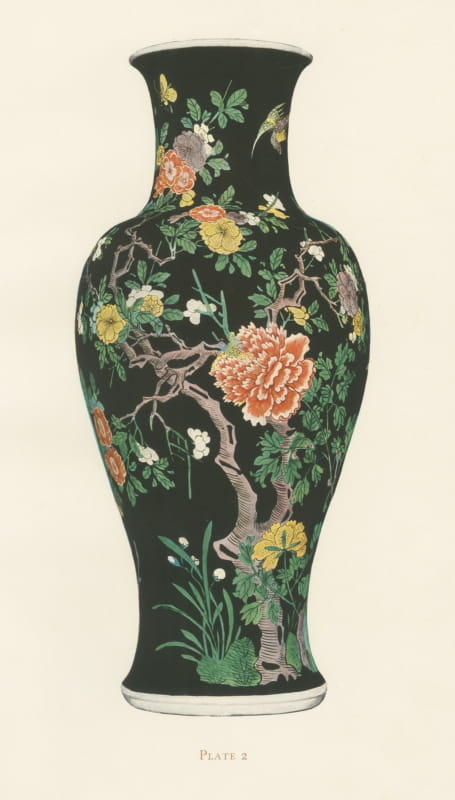 Antique Color Plate of a Famille Noire Baluster Vase, Kang-he, Gorer 1911
