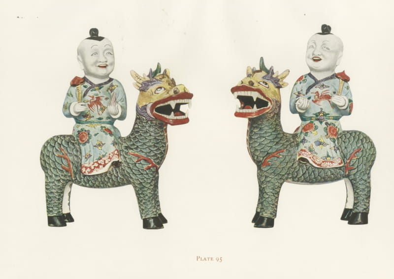 Pair of Ho Ho Erh Hsien Mounted on Kilins, Antique Color Plate 1911