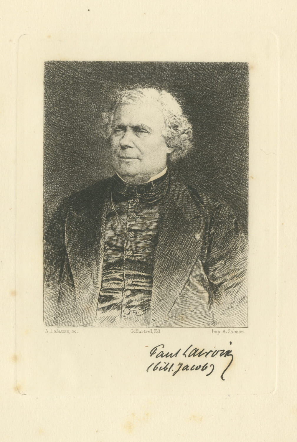 Portrait of Paul Lacroix, Antique Etching by Adolphe Lalauze, 1882