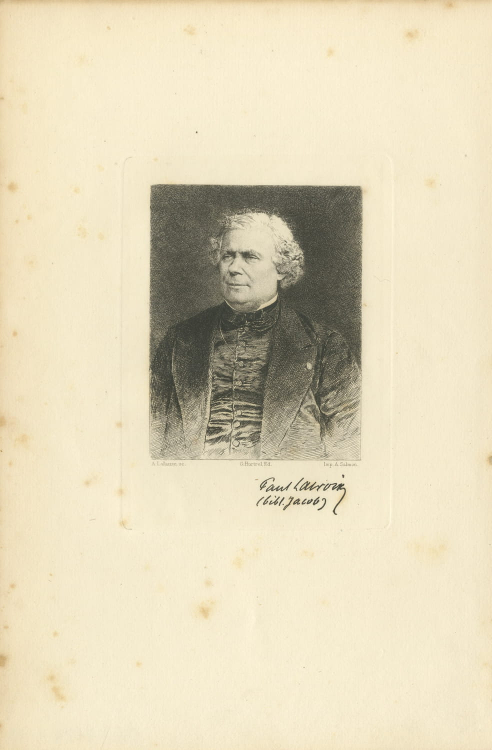 Portrait of Paul Lacroix, Antique Etching by Adolphe Lalauze, 1882