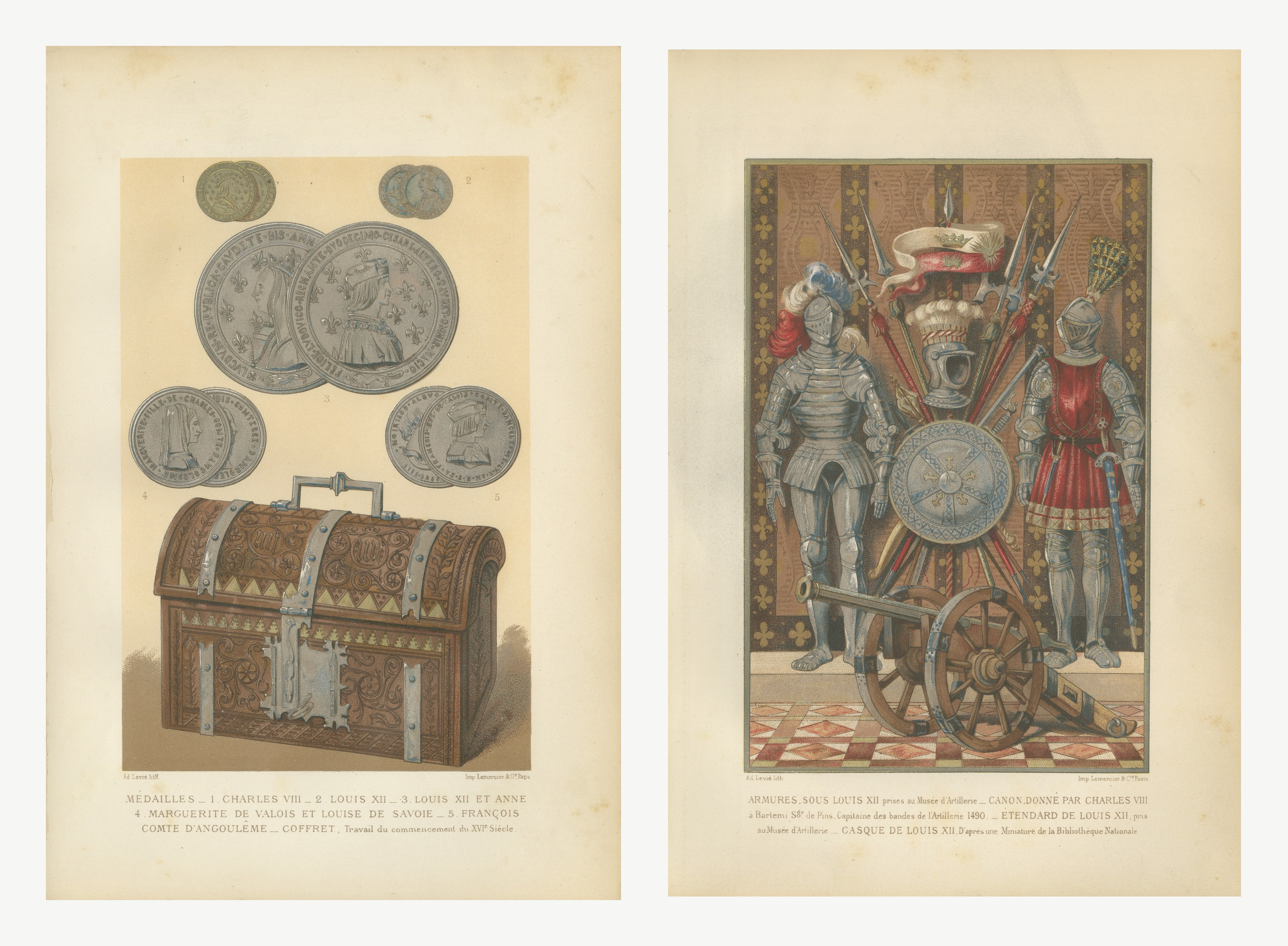 Renaissance Medals and Armor, Pair of Antique French Chromolithographs, 1882
