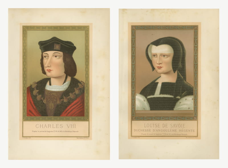 Pair of Antique Royal Portraits, Charles VIII and Louise of Savoy, 1882