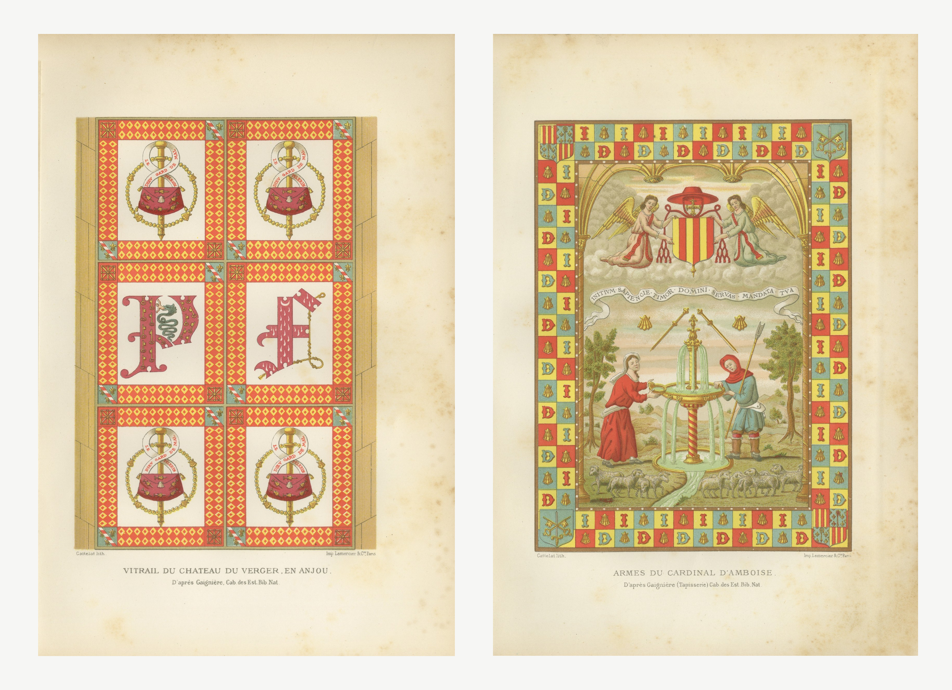 Pair of Antique Heraldic Prints, Stained Glass and Cardinal's Arms, 1882
