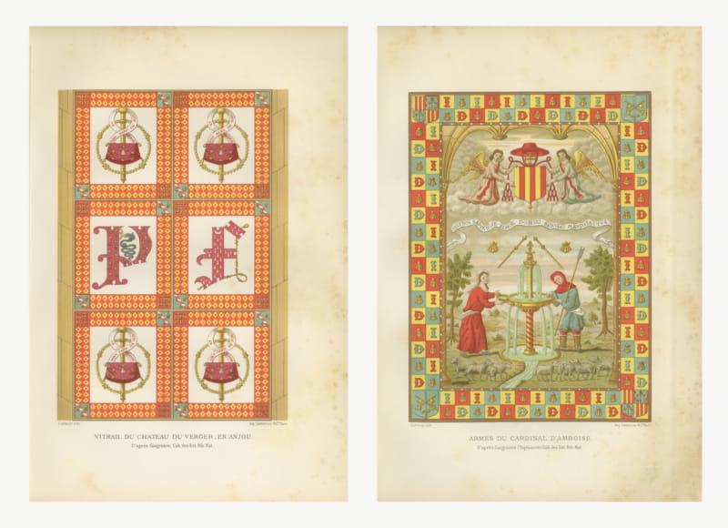 Pair of Antique Heraldic Prints, Stained Glass and Cardinal's Arms, 1882