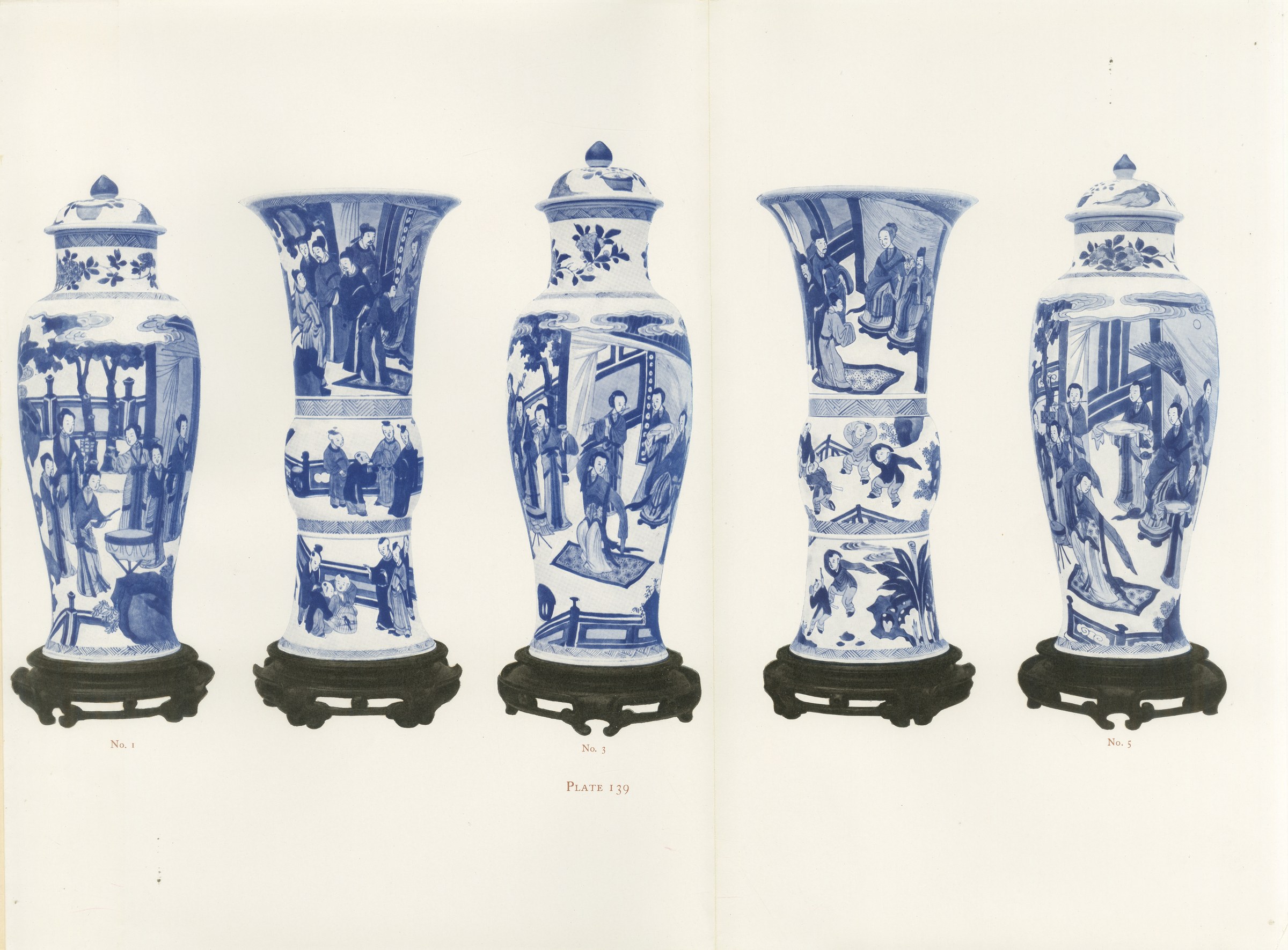 Garniture of Five with the Dancing Girl Design, Kang-he Blue Plate, 1911