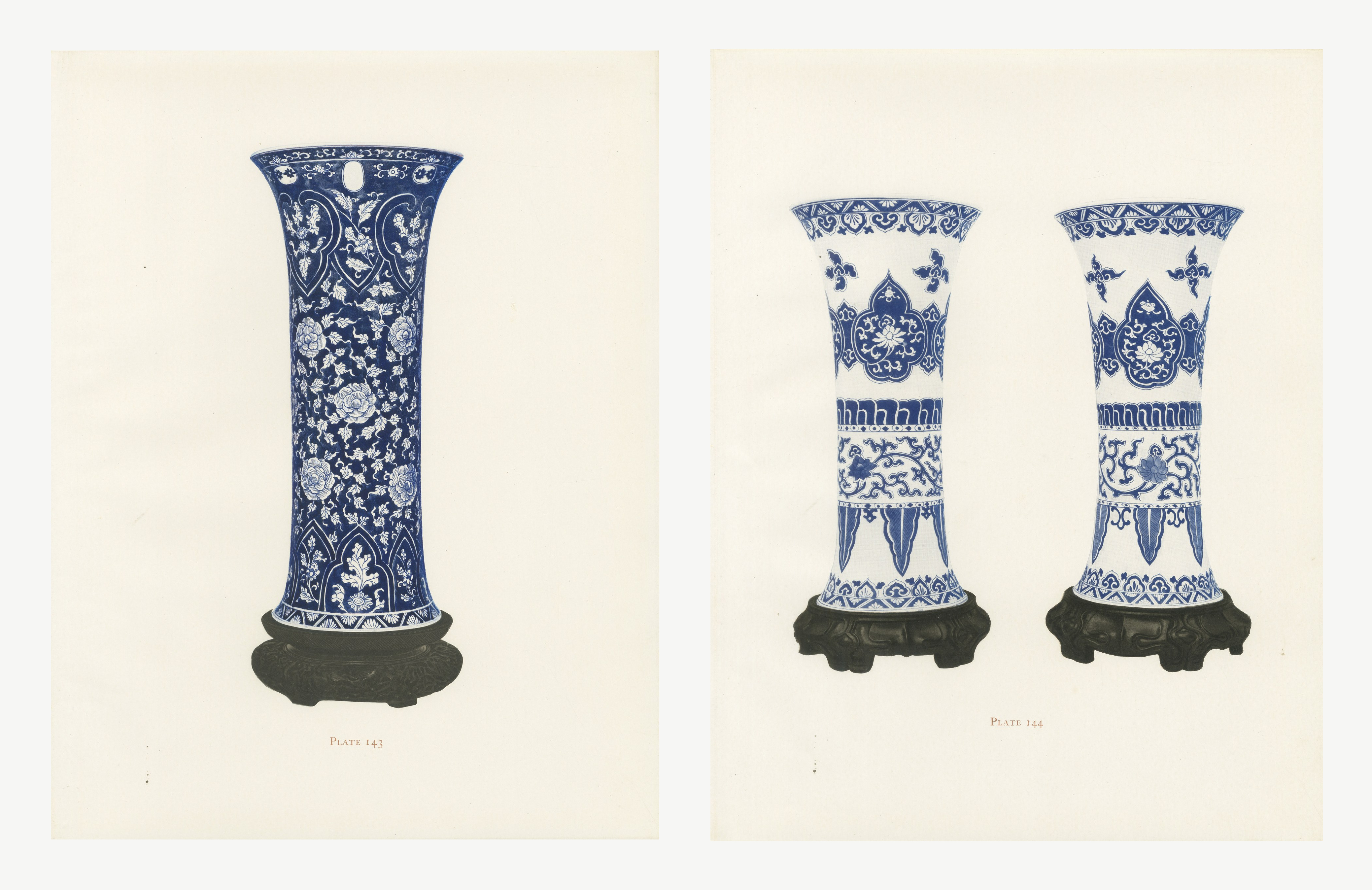 Kang-he Blue and White Beakers, Pair of Antique Color Plates, 1911