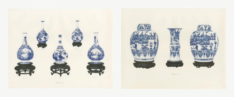 Love's Chase Bottles and a Pavilion Garniture, Two Kang-he Plates, 1911