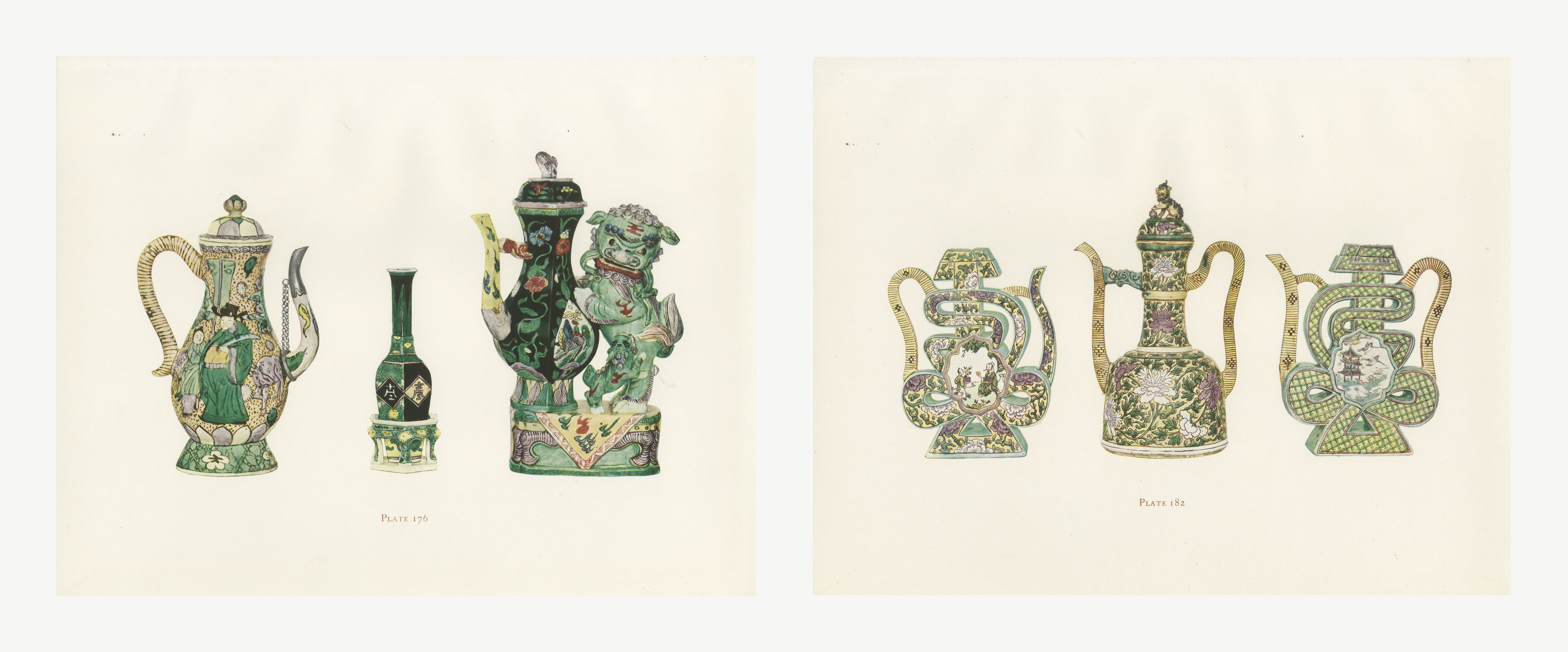 Chinese Wine Pots and a Bell Shaped Ewer, Two Ming Color Plates, 1911