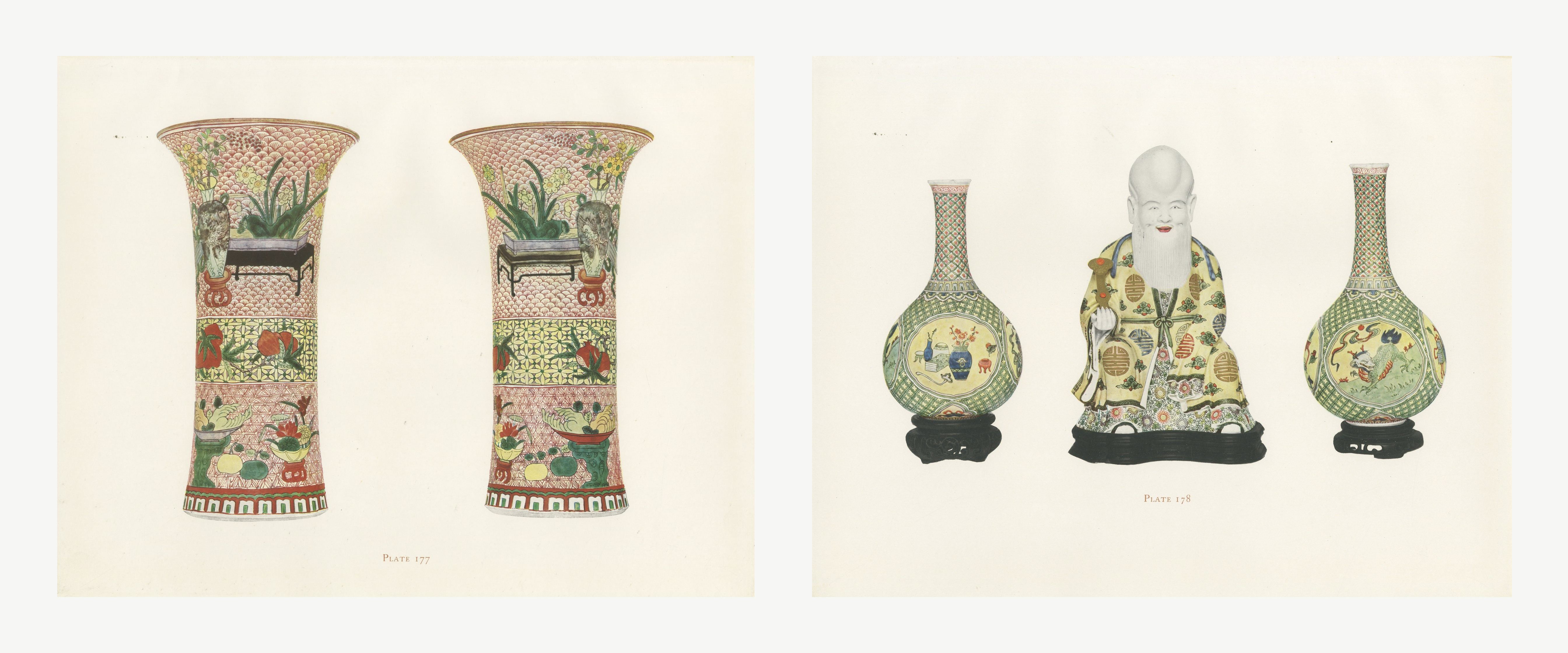 Famille Verte Beakers, Bottles and Shou Lao, Two Kang-he Plates, 1911