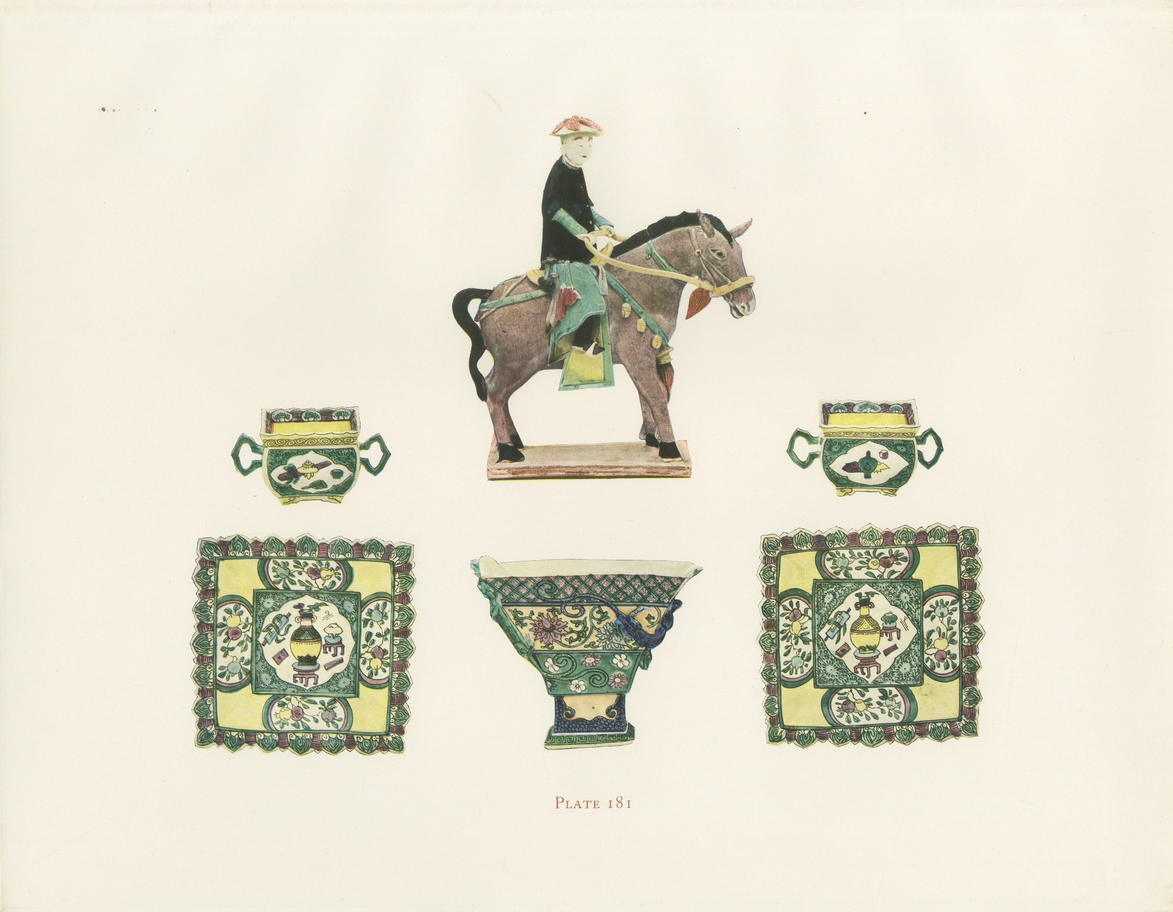 Chinese Horseman Figure on Biscuit with Two Cups and Saucers, Ming, 1911