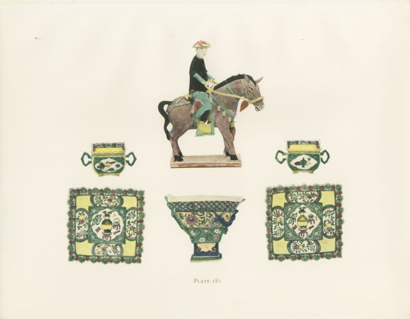 Chinese Horseman Figure on Biscuit with Two Cups and Saucers, Ming, 1911